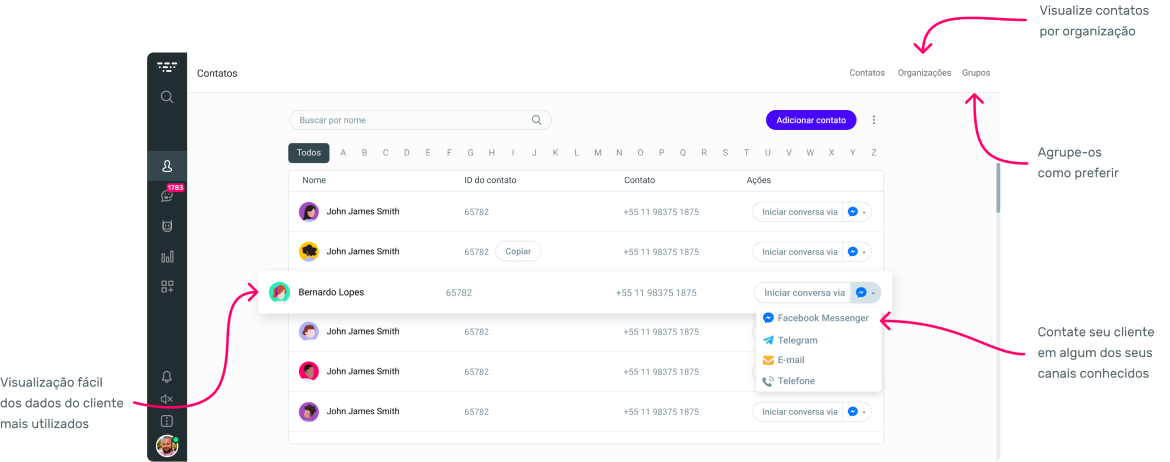 Organize dados por cliente ou organização
